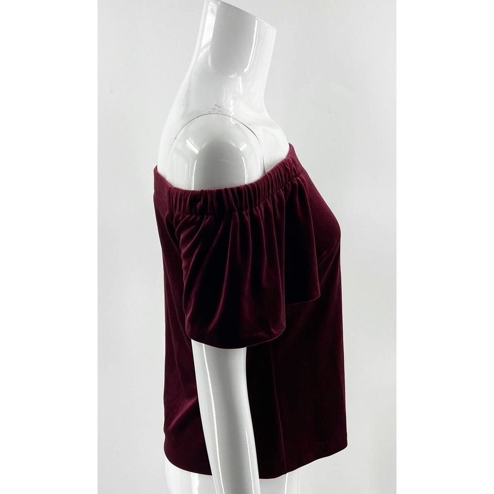 White House Black Market Off Shoulder Velour Top Sz XS Maroon Red Ruffle Sleeve - Picture 3 of 7